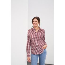   James&Nicholson hosszú ujjú női ing Poplin Check 100 bordó-fehér
