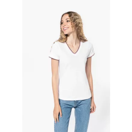 Kariban női póló Piqué V-Neck 170 fehér-tengerkék-piros